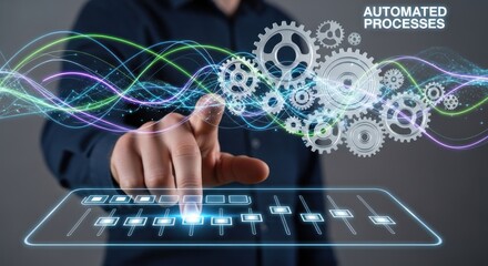 Hand interacts with glowing holographic interface with automated processes with interconnected gears vibrant light trails for data flow technological advancement.