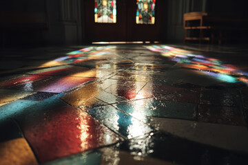 Stained glass reflections create colorful pattern on floor of dimly lit room, evoking serene and contemplative atmosphere