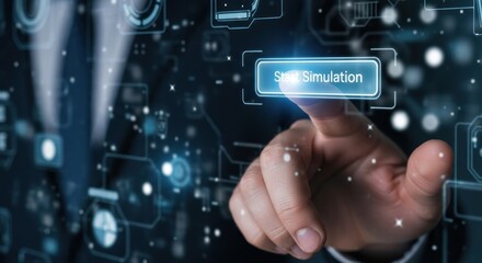Human finger presses glowing blue button labeled 'start simulation' on futuristic digital interface with abstract technological elements sparkling lights in background, for innovation