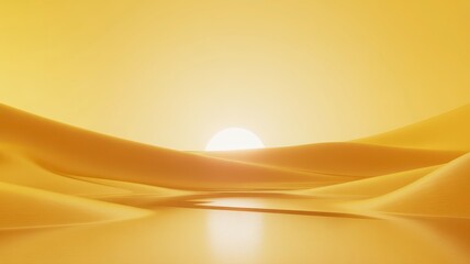 Golden desert landscape with water and sun setting in the background