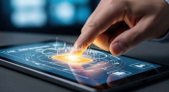 Human finger presses glowing orange 'start' button on futuristic digital interface displayed on tablet screen, showcasing circular holographic display with data visualizations icons,