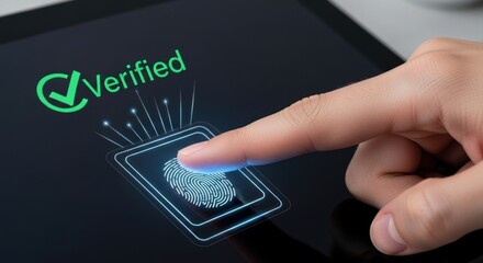 Human finger pressing digital fingerprint scanner on tablet screen, with green checkmark word "verified" indicating successful biometric authentication for enhanced security access.