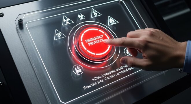 Human finger presses glowing red emergency protocol button on futuristic control panel with various warning hazard symbols displayed on screen, indicating critical situation. - Powered by Adobe