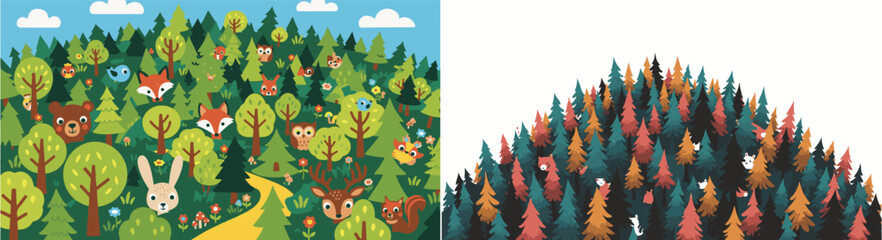 Flat Design Forest Illustration with Hidden Animals and Varied Trees