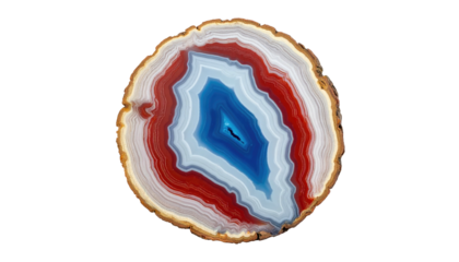 Sliced rock. Circular agate with concentric layers of red, white, blue, & brown. Isolated against black background