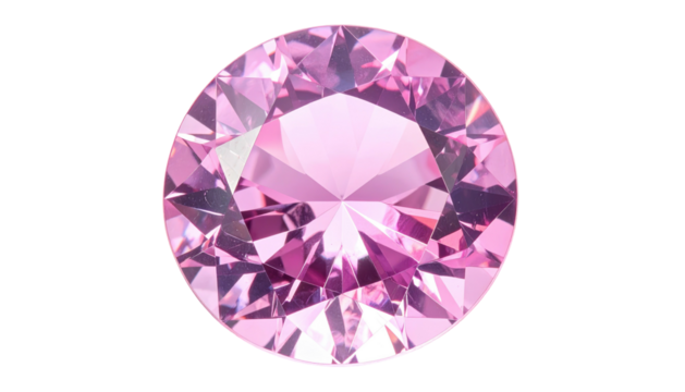 Pink gemstone, round cut, reflecting light and showcasing multifaceted surfaces on black
