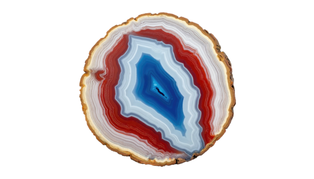 Sliced rock. Circular agate with concentric layers of red, white, blue, & brown. Isolated against black background