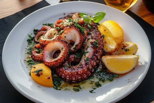 Grilled octopus tentacles garnished with fresh herbs and lemon wedges on a white plate with herbal oil drizzle, evoking a fresh and appetizing seafood dish