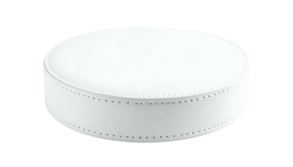 A circular, white, cushioned ottoman or seat with visible stitching detail around its circumference