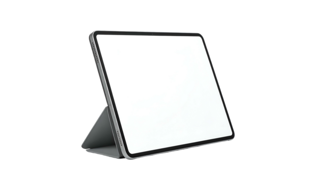 A digital tablet with a blank, white screen propped up on a supportive stand