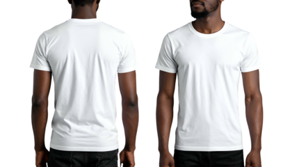 A front and back view of a Black man wearing a blank white crew neck t-shirt