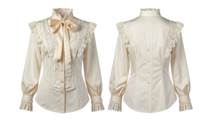 Cream-colored blouse with lace trim & ribbon tie, long sleeves with ruffles, shown front and back