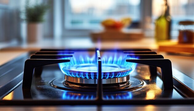 Close-up of a gas stove burner with blue flame glowing in a modern kitchen setting - Powered by Adobe