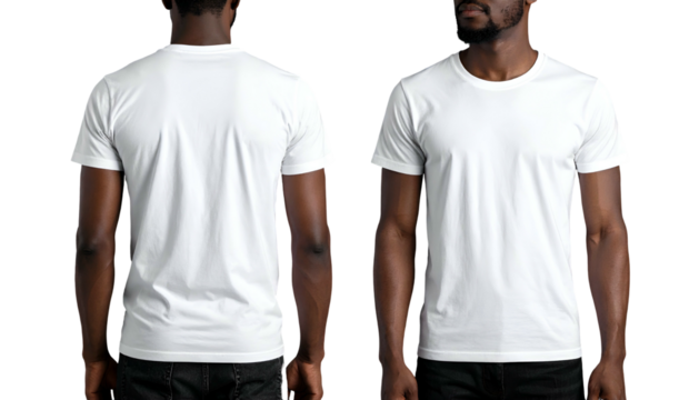 A front and back view of a Black man wearing a blank white crew neck t-shirt