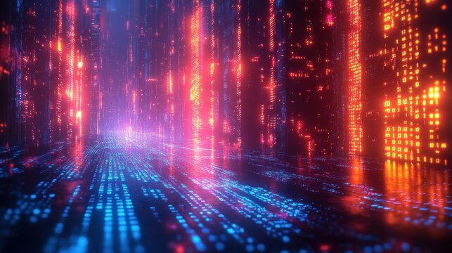 Glowing digital data streams in blue and red illuminate a futuristic corridor with vertical panels and reflections, evoking a high-tech, immersive cyber environment - Powered by Adobe