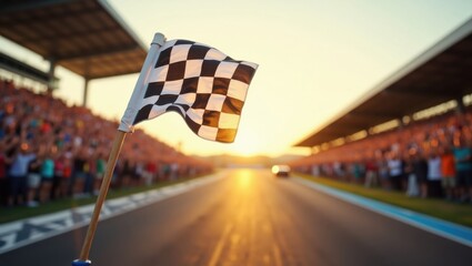 Checkered Flag Waving at Sunset Race Track Grandstand Crowd Cheering Victory