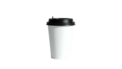 Isolated white paper beverage cup with black lid, set against a black background
