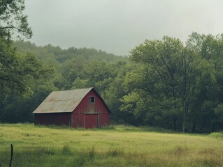 Fototapeta premium Rustic Red Barn for Misty Green Field.