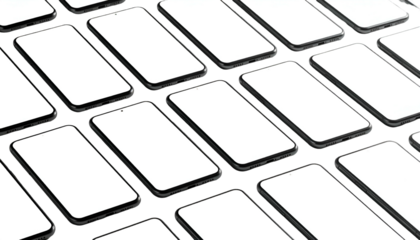 Grid of smartphones with bright white screens against a dark background, slight perspective