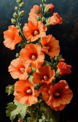 Cluster of vibrant orange hollyhock flowers blooming with green leaves against a dark background, showcasing natural beauty and delicate petals