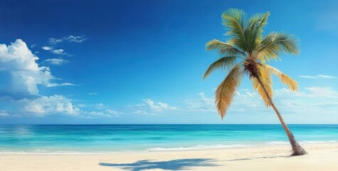Obraz premium Tranquil tropical beach scene with a single leaning palm tree casting shadow on white sand under a bright blue sky with scattered clouds