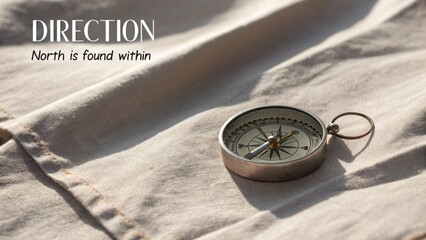 Vintage Compass on Fabric Surface with Inspirational Words about Finding Inner Direction and True North in Life Journey