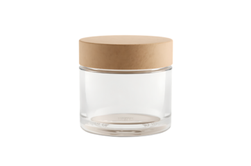 Clear glass jar with light wood lid and gold accent band