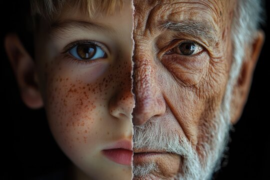 Close-up composite portrait showing half face of a young boy with freckles and half face of an elderly man with wrinkles and white facial hair against black background - Powered by Adobe