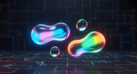 Abstract iridescent blobs floating in a futuristic digital space