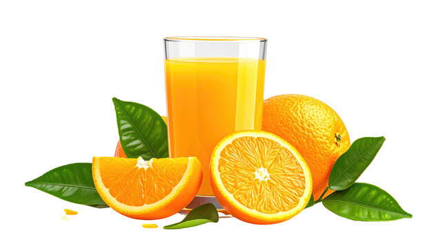 Orange juice filled clear glass surrounded by whole, halved, and sliced oranges with green leaves on a black backdrop