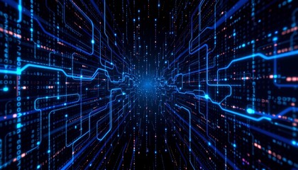 Digital background with binary code on blue and dark black background, cyberpunk, electronic space, virtual space. A data stream or matrix design with luminous effects