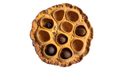 Top-down view of a dried lotus seed pod with visible seed holes and some seeds remaining