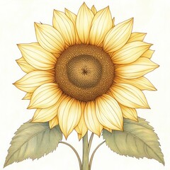 Fototapeta premium Detailed close-up illustration of a large sunflower with golden petals and two green leaves on a light background