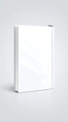 A blank white book stands upright on a light gray, gradient background