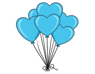 A bouquet of blue heart-shaped balloons tied together with strings