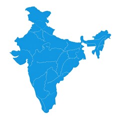 A blue outline of the Indian subcontinent showing internal borders