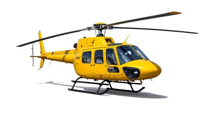 A bright yellow helicopter, isolated on white, casting a shadow