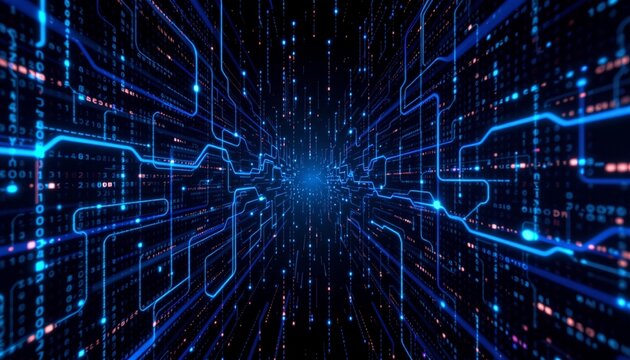 Digital background with binary code on blue and dark black background, cyberpunk, electronic space, virtual space. A data stream or matrix design with luminous effects