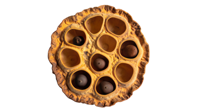Top-down view of a dried lotus seed pod with visible seed holes and some seeds remaining