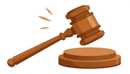 A cartoon wooden gavel and block on a white background