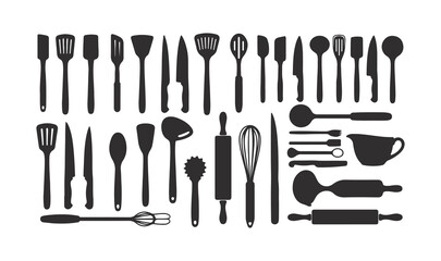 Kitchen utensils silhouette set vector icons for cooking and dining