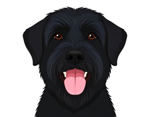A close-up illustration of a smiling, black dog with brown eyes
