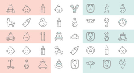 Minimalist baby care and toys icon set with pastel background creates calm aesthetic