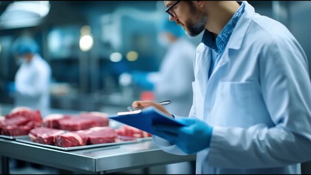 Meat Quality Control Expert Observing Fresh Cuts in Processing Plant