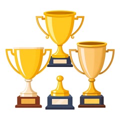 A collection of four golden trophies and a pawn on a white background