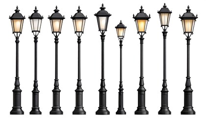 A collection of ornate black lampposts with illuminated lamps