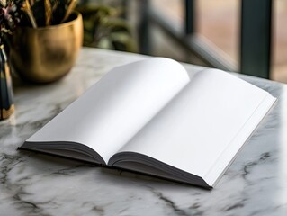Blank Notebook on Marble Table for Cafe Interior.