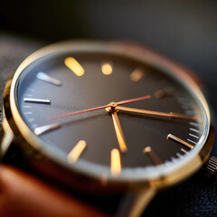 Minimalist luxury watch close up, warm glow, elegant design, sophisticated style, leather strap, modern aesthetics
