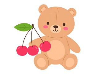A cute teddy bear holding a sprig of ripe, red cherries