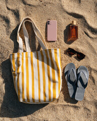 Bright summer beach essentials arranged on sand, featuring striped tote bag, smartphone, sunglasses, and flip flops, evoking relaxed vibe